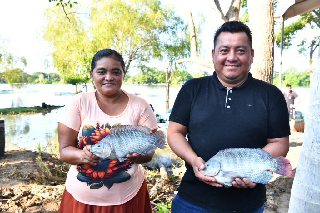 El gobernador de Tabasco, Javier May Rodríguez, sonríe mientras sostiene una tilapia recién cosechada junto a una productora del programa Pescando Vida, durante un evento comunitario con pescadores en Centla.