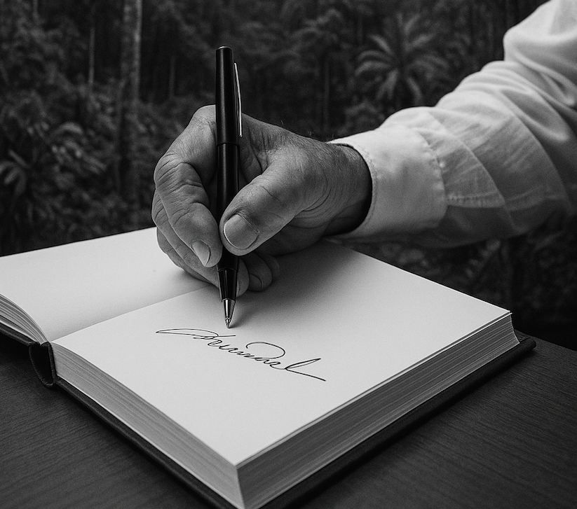 Mano de López Obrador firmando un libro con fondo de selva chiapaneca.