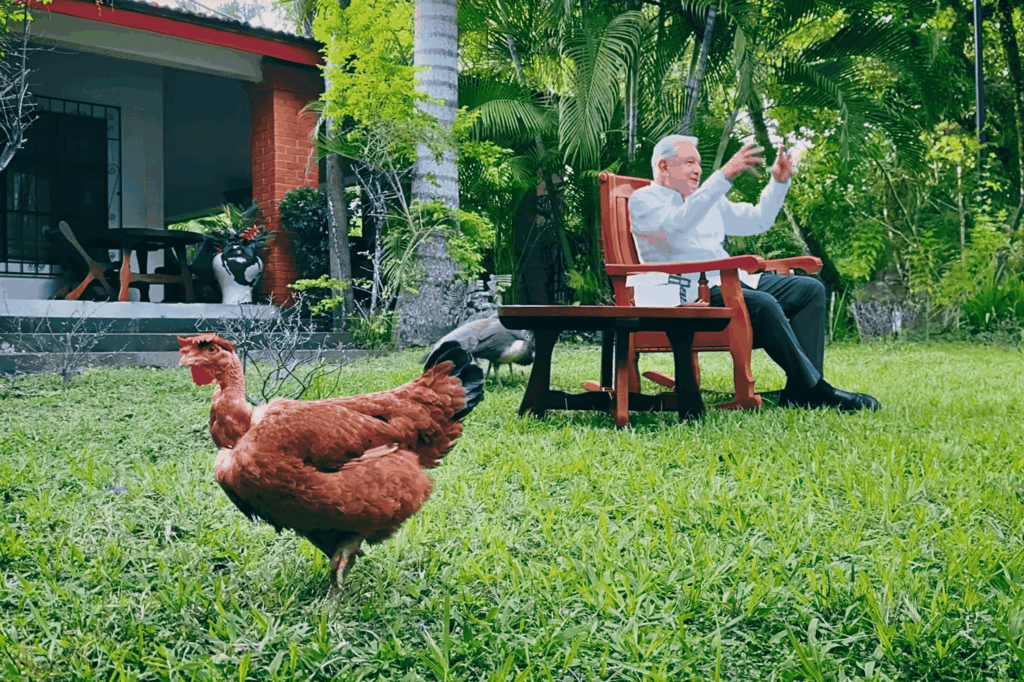Andrés Manuel López Obrador sentado en un jardín de su quinta en Palenque mientras una gallina camina en primer plano.