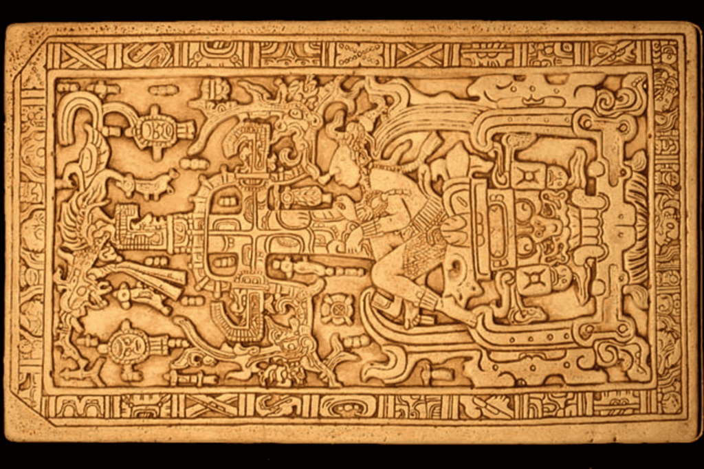 Lápida de la tumba de K’inich Janaab’ Pakal, gobernante maya de Palenque, con el relieve que muestra su descenso al inframundo según la cosmovisión maya.