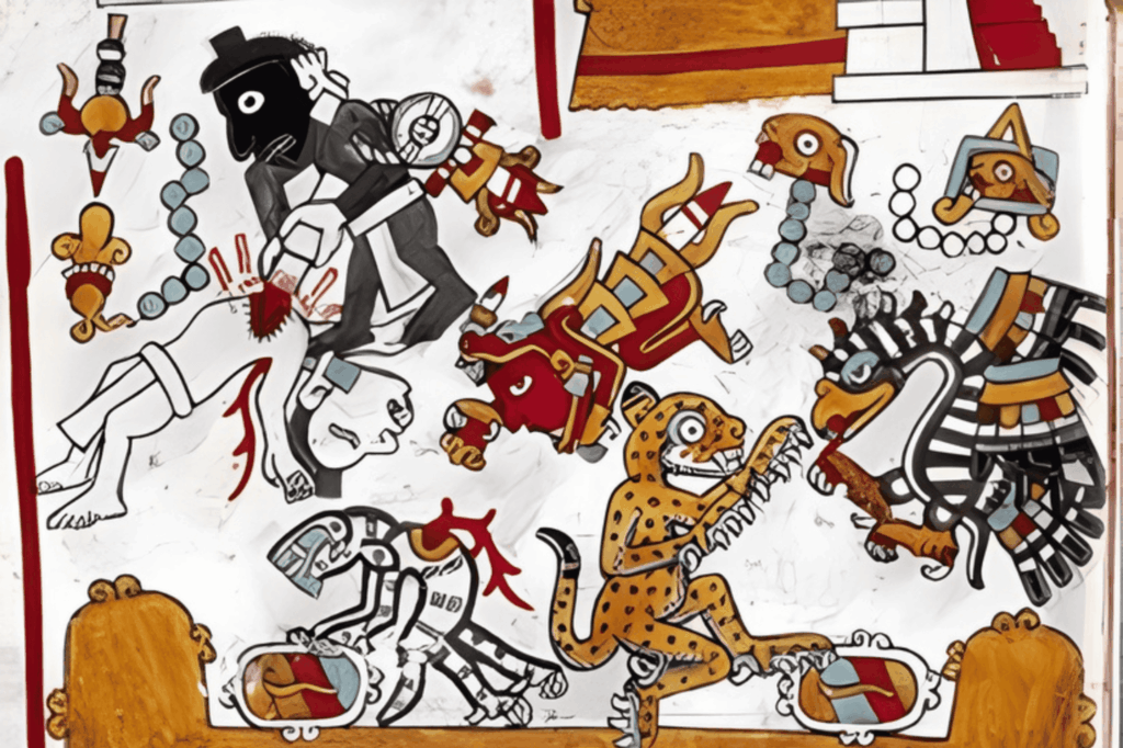 “Ilustración estilo códice mesoamericano que representa escenas rituales, incluido un sacrificio humano y figuras zoomorfas vinculadas al simbolismo religioso prehispánico.”