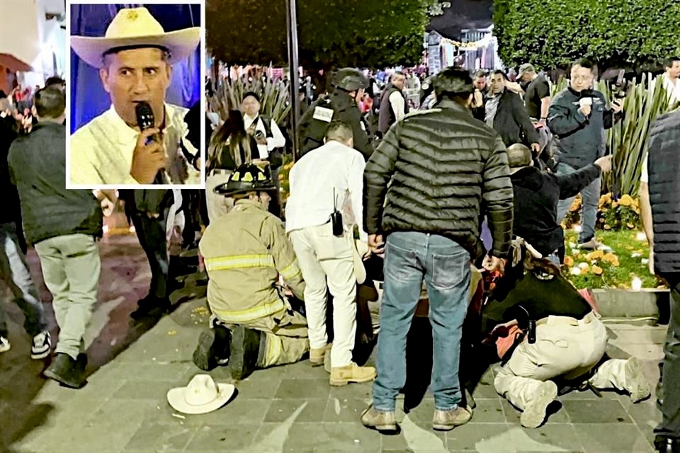 Imagen del 1 de noviembre con personal de emergencia atendiendo el atentado al alcalde de Uruapan, Michoacán, durante un acto público nocturno. Incrustado: retrato del alcalde con sombrero.
