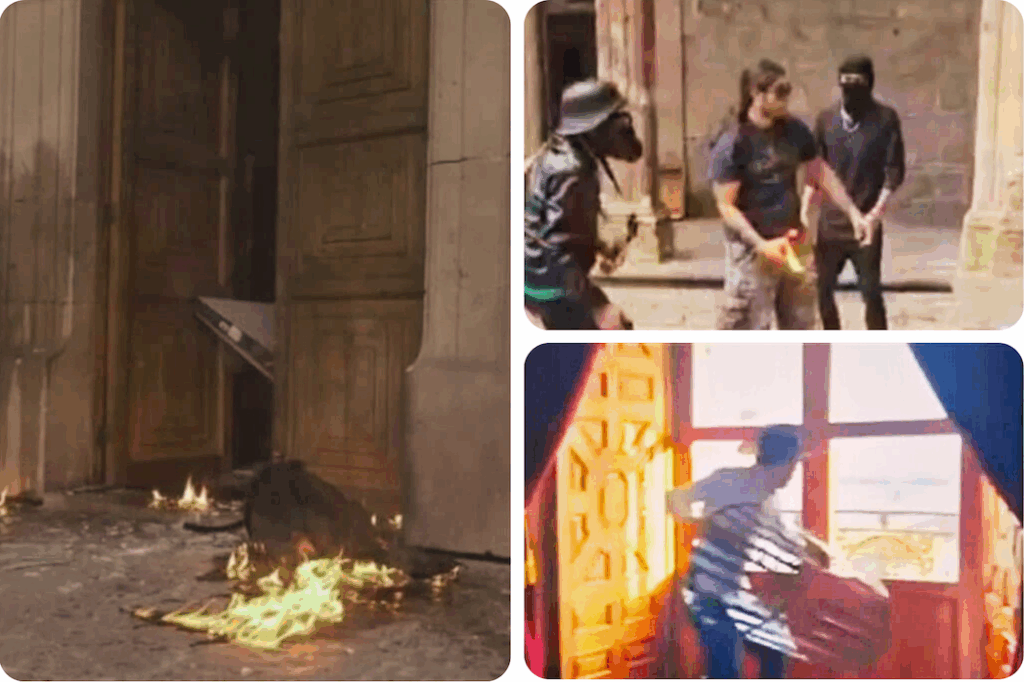 Imagen del 1 de noviembre con personal de emergencia atendiendo el atentado al alcalde de Uruapan, Michoacán, durante un acto público nocturno. Incrustado: retrato del alcalde con sombrero.
