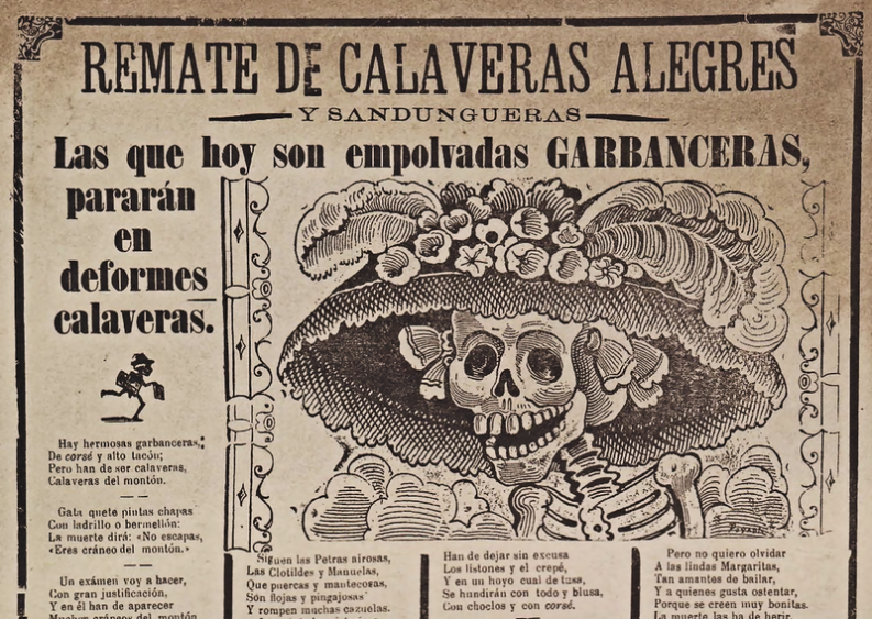 Grabado de José Guadalupe Posada mostrando una calavera garbancera con sombrero elegante y versos satíricos.