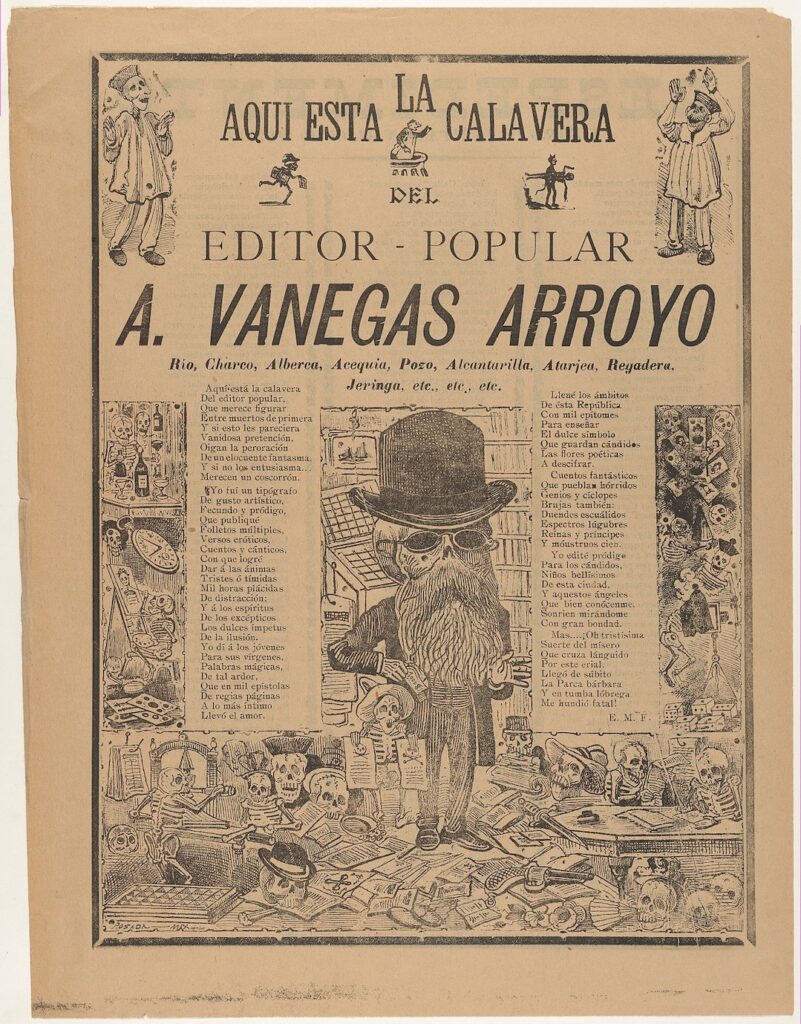 Grabado antiguo mostrando la calavera del editor Vanegas Arroyo rodeado de esqueletos impresores y versos.