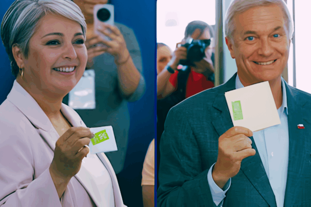 Jeannette Jara y José Antonio Kast durante la jornada electoral rumbo al balotaje en Chile.