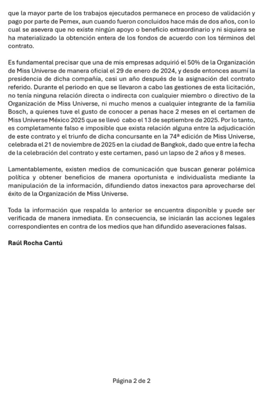 Documento oficial de Pemex del 23 de noviembre de 2025 que aclara la situación contractual con empresas ligadas al certamen.