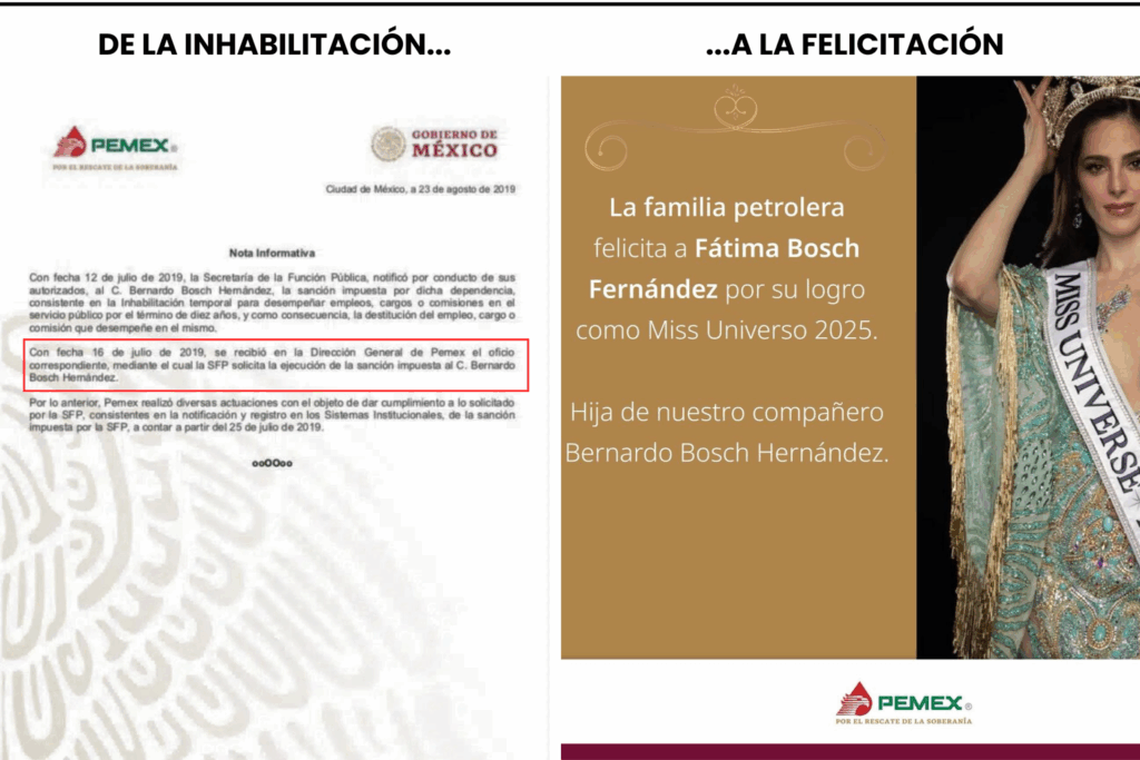 Documento de Pemex de 2019 en el que se informa la suspensión de Bernardo Bosch por presuntas inconsistencias patrimoniales... Y a un lado la felicitación de la paraestatal por el triunfo.