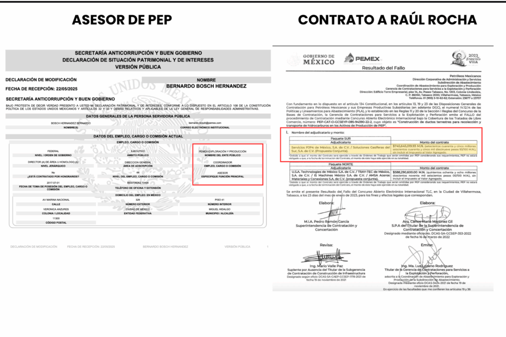 Composición de dos documentos oficiales: declaración patrimonial donde Bernardo Bosch aparece como asesor de Pemex Exploración y Producción, y fallo de Pemex que asigna un contrato millonario a un consorcio encabezado por Servicios PDP y Soluciones Gasíferas del Sur.