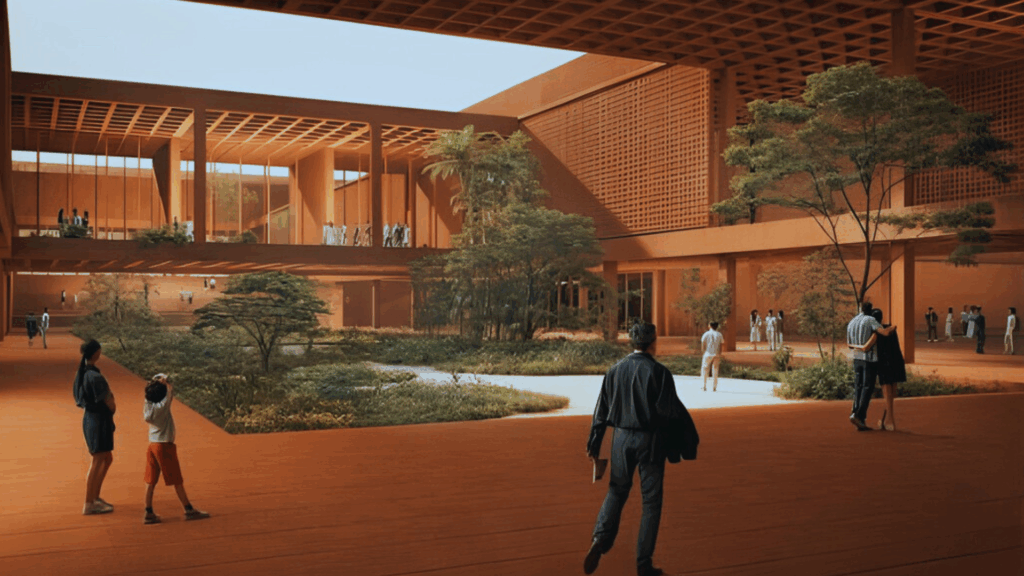 Render del patio interior del Centro de Convenciones de Villahermosa con áreas verdes, plazas cubiertas y andadores.