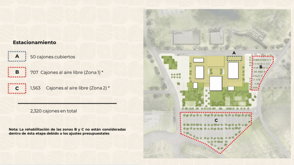 Plano del Centro de Convenciones de Villahermosa con zonas A, B y C de estacionamiento delimitadas.