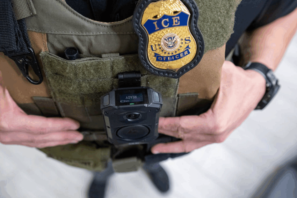 Primer plano del chaleco de un agente del ICE con placa oficial y cámara corporal activa, equipo utilizado durante operativos de control migratorio.