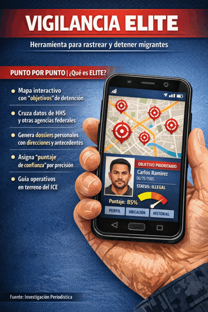 Infografía muestra un teléfono móvil con mapa interactivo y objetivos marcados que ilustran cómo la plataforma ELITE del ICE cruza datos federales, genera perfiles personales y guía redadas migratorias en Estados Unidos.