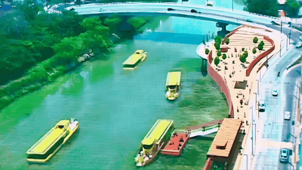 Lanchas de transporte acuático circulan por un canal urbano, referencia internacional de movilidad fluvial.