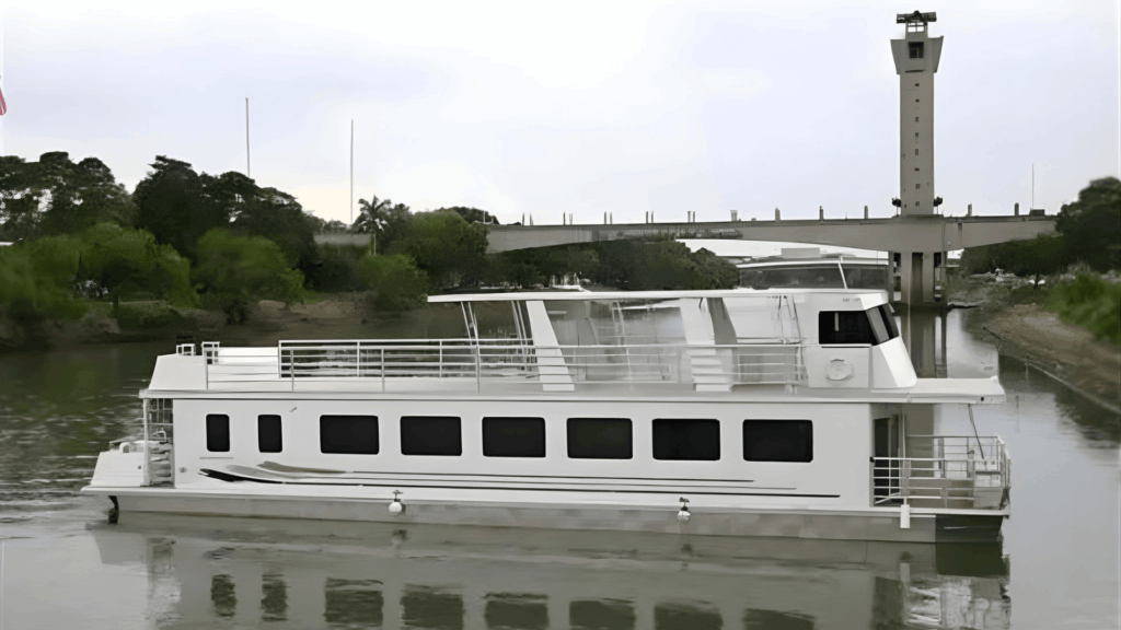 Embarcación fluvial moderna y cerrada navegando sobre el río Grijalva como modelo de transporte público urbano en Villahermosa.