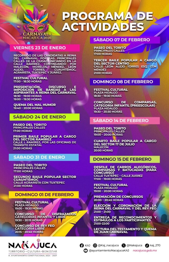 Infografía oficial con el programa de actividades del Carnaval Nacajuca 2026.