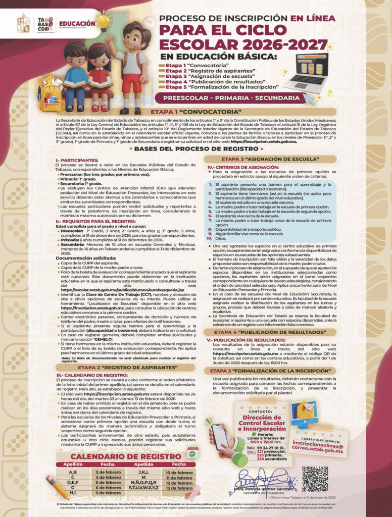 Calendario Inscripciones Tabasco 2026