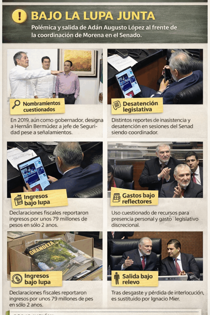 Collage informativo con fotografías de Adán Augusto López durante su gestión pública, incluyendo nombramientos, sesiones del Senado y referencias a controversias políticas y patrimoniales.