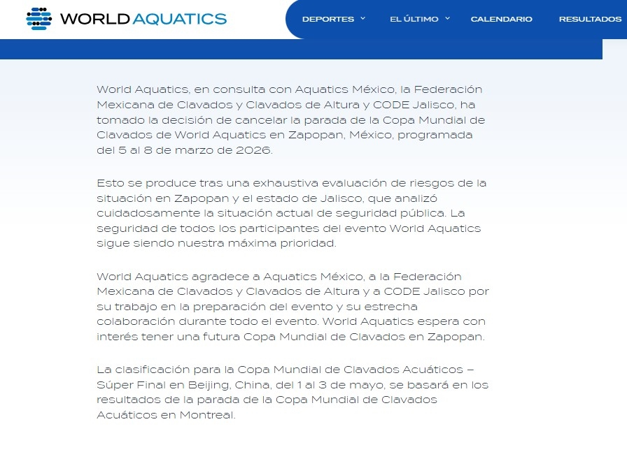 Comunicado oficial de World Aquatics anunciando cancelación de Copa Mundial de Clavados en Zapopan