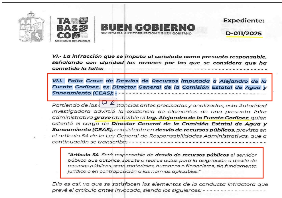 Documento oficial del expediente D-011/2025 donde se imputa desvío de recursos a exdirector de CEAS Tabasco
