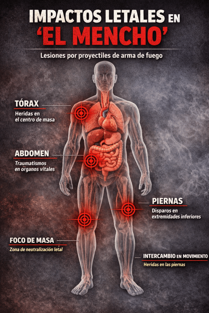 Impactos de arma de fuego en tórax, abdomen y piernas