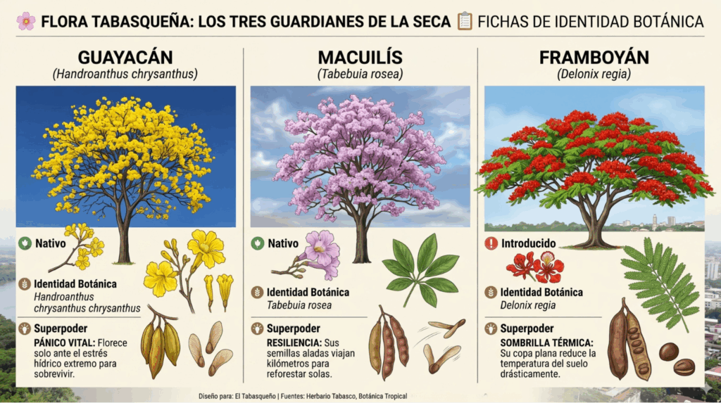 Infografía periodística titulada "Flora Tabasqueña: Los tres guardianes de la seca". Presenta tres columnas comparativas con ilustraciones detalladas del Guayacán (amarillo), Macuilís (rosa) y Framboyán (rojo). Cada sección incluye el nombre científico, su estatus (nativo o introducido), y su "superpoder" biológico. Se muestran detalles botánicos de flores, hojas, vainas y semillas de cada especie sobre un fondo limpio con texturas de cielo y ciudad de Villahermosa al fondo.