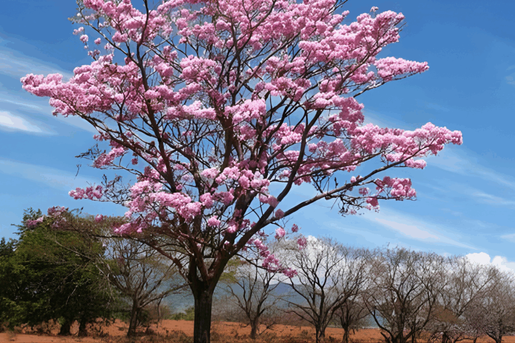 Fotografía a nivel de suelo de un árbol de Macuilís (Tabebuia rosea) en plena floración. La copa es una nube densa de flores color rosa pastel, destacando vibrantemente contra un cielo azul brillante con nubes blancas y dispersas. El árbol está arraigado en un terreno de tierra rojiza y seca. Al fondo, otros árboles desnudos y verdes oscuros contrastan con el rosa, sugiriendo un paisaje de sequía en Tabasco. La luz solar es directa y brillante.