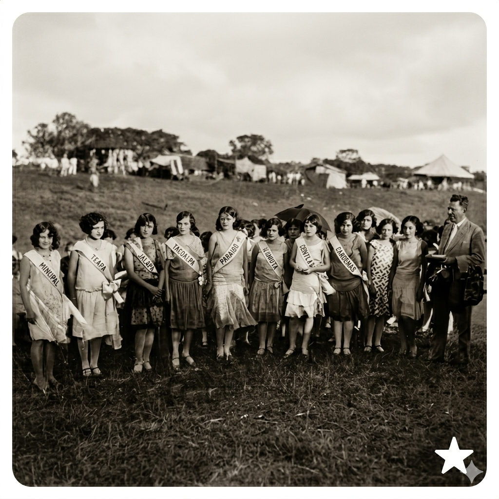 Fotografía histórica reconstruida de 1928 que muestra a las primeras embajadoras de los municipios de Tabasco alineadas en un campo de pasto. Visten trajes de época y bandas con los nombres de sus municipios (Teapa, Jalapa, Tacoalpa, Paraíso, Nacajuca, Jonuta, Centla, Cárdenas). Estilo sepia analógico con grano.