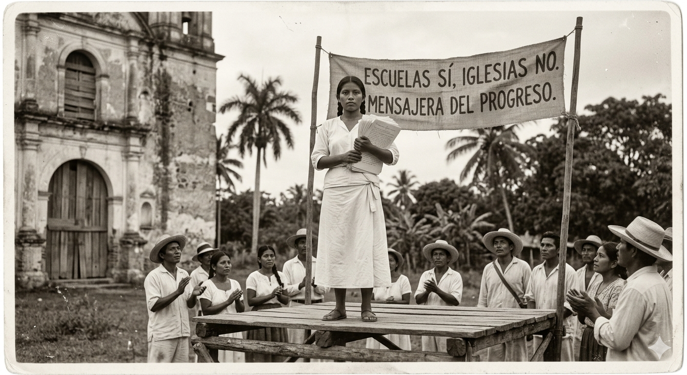 Fotografía histórica recreada de una Mensajera del Progreso en la Feria Tabasco 1930, joven tabasqueña en tribuna de madera con pancarta atea frente a iglesia clausurada.