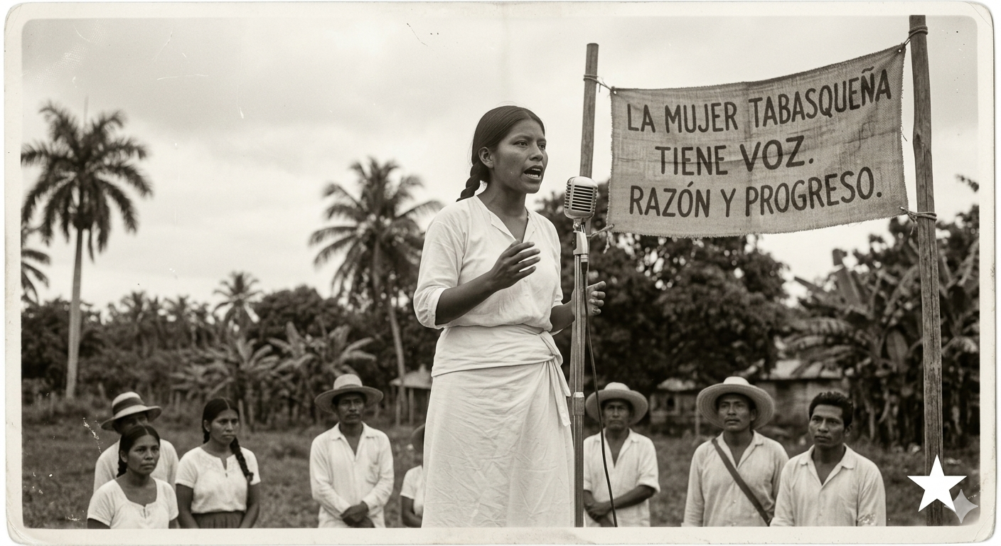 Fotografía analógica de 1930 de una joven tabasqueña hablando frente a un micrófono rústico en una tribuna, con una pancarta que dice "LA MUJER TABASQUEÑA TIENE VOZ. RAZÓN Y PROGRESO", estilo sepia con grano de época.