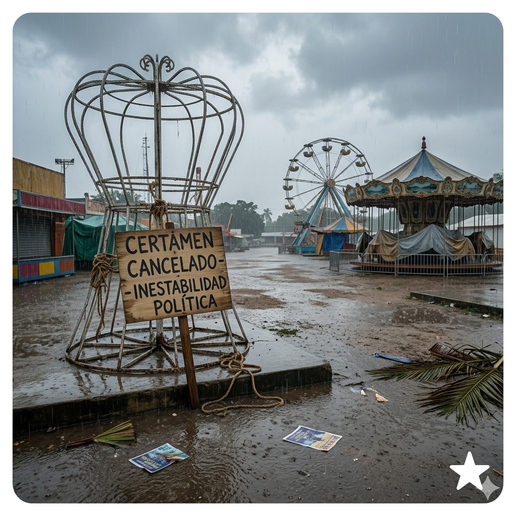Fotografía hiperrealista de una feria suspendida en Tabasco. Un gran escenario vacío y sombrío bajo la lluvia, con pancartas de propaganda política desgastadas, simbolizando los años sin certamen de la Flor de Oro. Estilo melancólico.