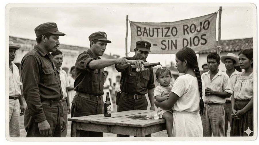 Fotografía vintage recreada de un bautizo rojo en la Feria Tabasco, joven Mensajera del Progreso sostiene niño mientras Camisa Roja vierte alcohol con pancarta atea de fondo.