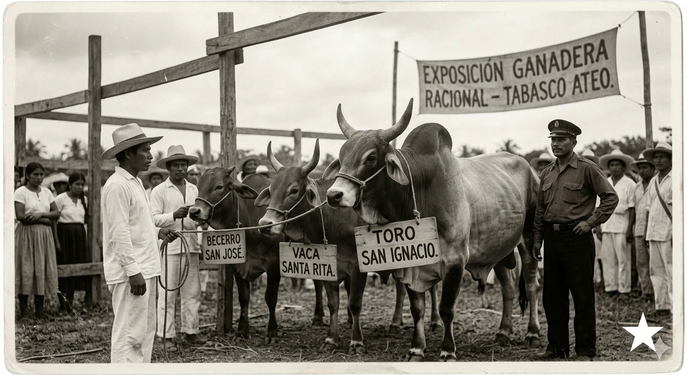 Fotografía histórica recreada de 1930 de una exposición ganadera en Tabasco. Un gran toro Cebú tiene un cartel handmade rústico que dice "TORO SAN IGNACIO", con otros animales con nombres de santos y una pancarta que dice "EXPOSICIÓN GANADERA RACIONAL", estilo sepia con grano.