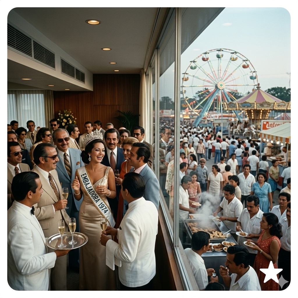 Fotografía hiperrealista de los años 70 en la Feria Tabasco. Se muestra el interior de un stand climatizado con meseros y hombres en traje conviviendo con una embajadora, mientras a través de un gran ventanal se observa la feria popular con juegos mecánicos y puestos de comida bajo el sol.