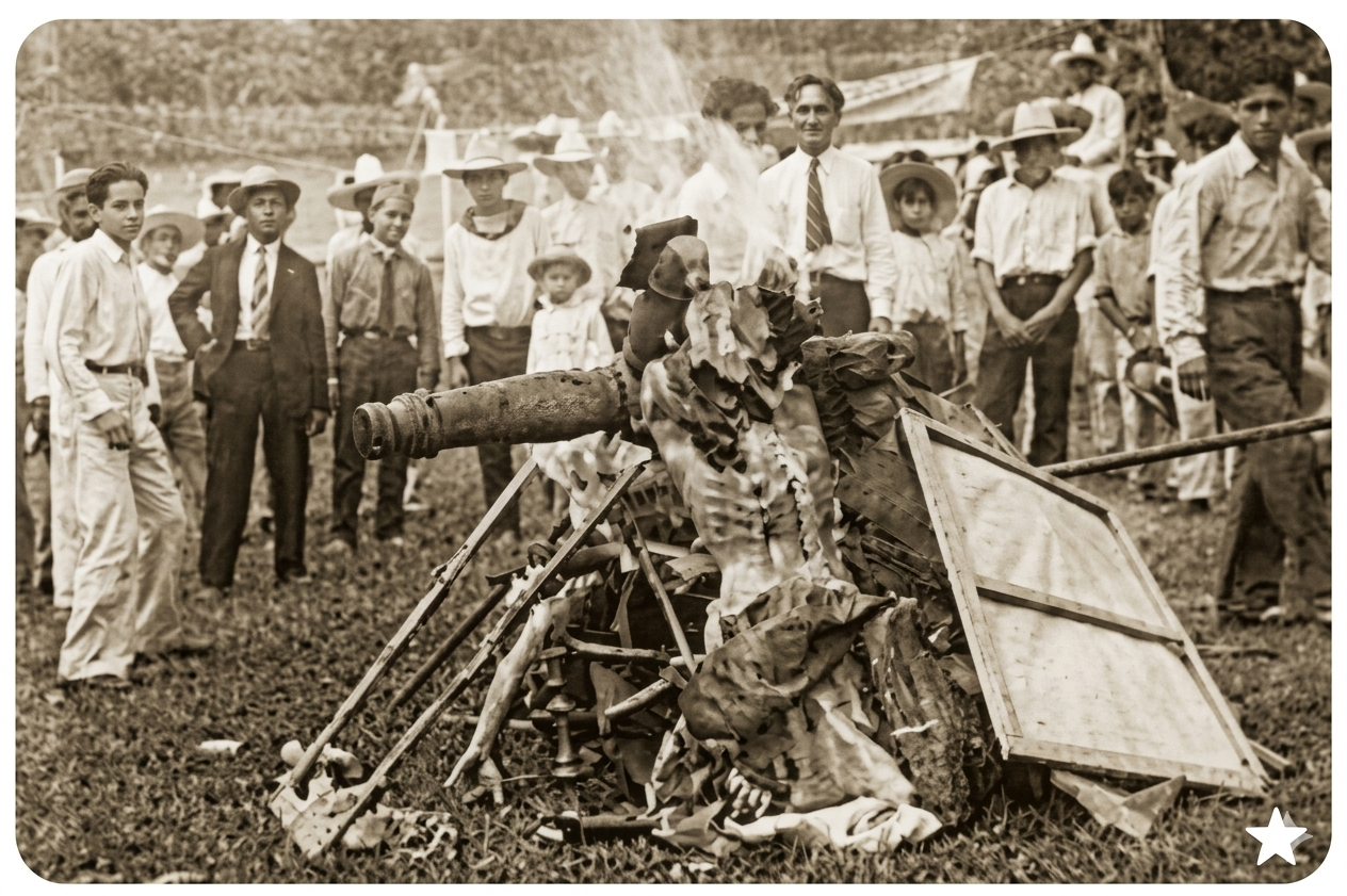Fotografía histórica de la quema de santos y reliquias religiosas durante la época del garridismo en Tabasco, con multitud observando una pira en un campo abierto.