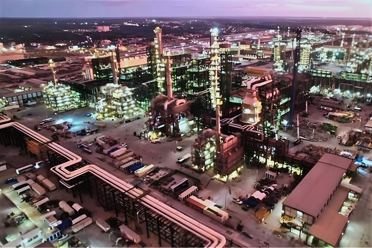 Vista general de la refinería de Dos Bocas al atardecer