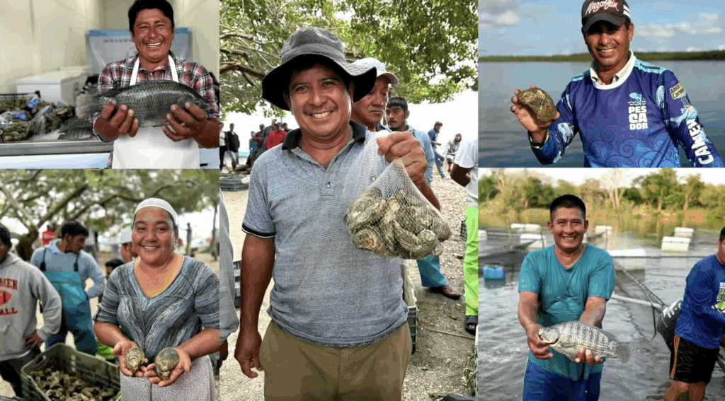 Pescadores y familias beneficiarias de Pescando Vida mostrando producción de mojarra y ostión