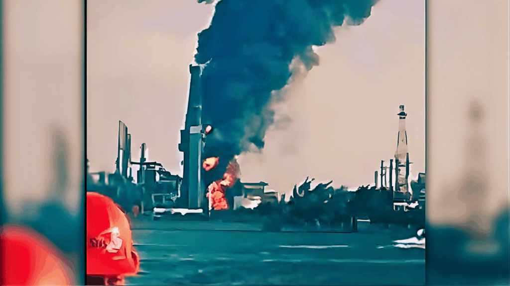 Incendio en la refinería Olmeca visto desde el mar con columna de humo negro