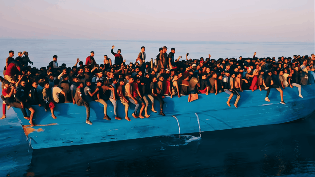 Migrantes africanos en una embarcación precaria en el Mediterráneo frente a las costas de Lampedusa, Italia, esperando ser rescatados por guardacostas