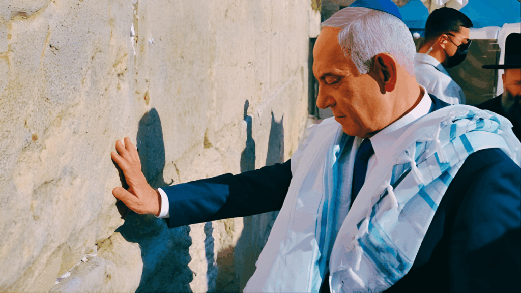 Benjamin Netanyahu reza en el Muro de las Lamentaciones en Jerusalén, con talit sobre los hombros, horas antes de ordenar el ataque israelí contra Irán, junio de 2025.