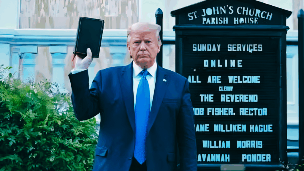 Donald Trump sostiene una Biblia frente a la iglesia St. John's en Washington, tras el desalojo de manifestantes del parque Lafayette, junio de 2020