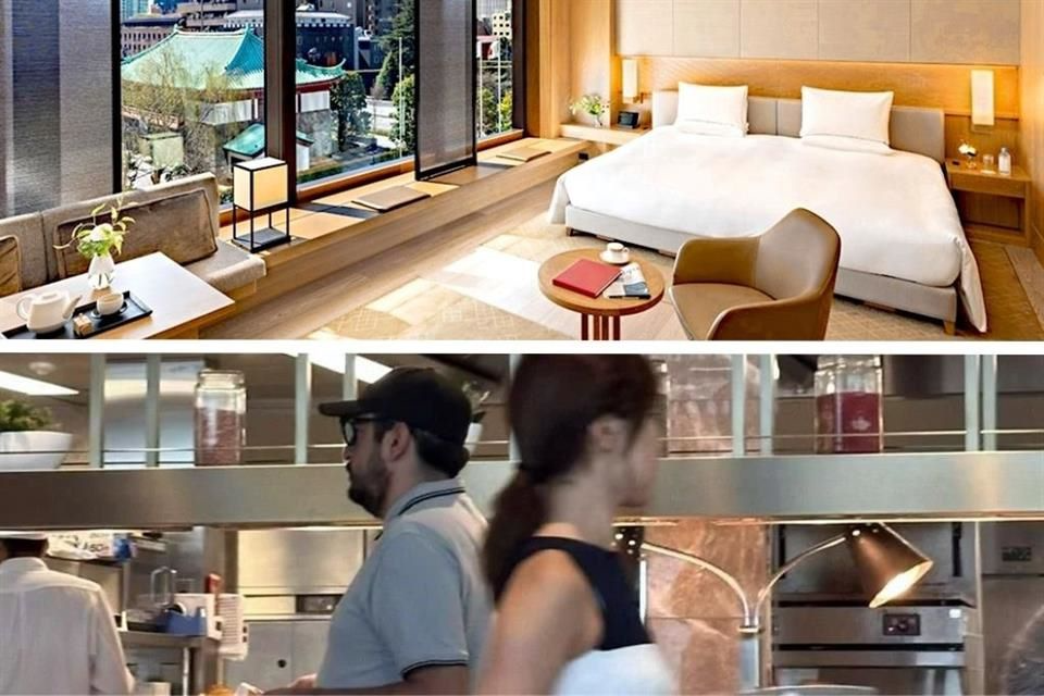Imagen compuesta con habitación de hotel de lujo en Tokio y Andrés Manuel López Beltrán desayunando durante sus vacaciones en Japón en 2025
