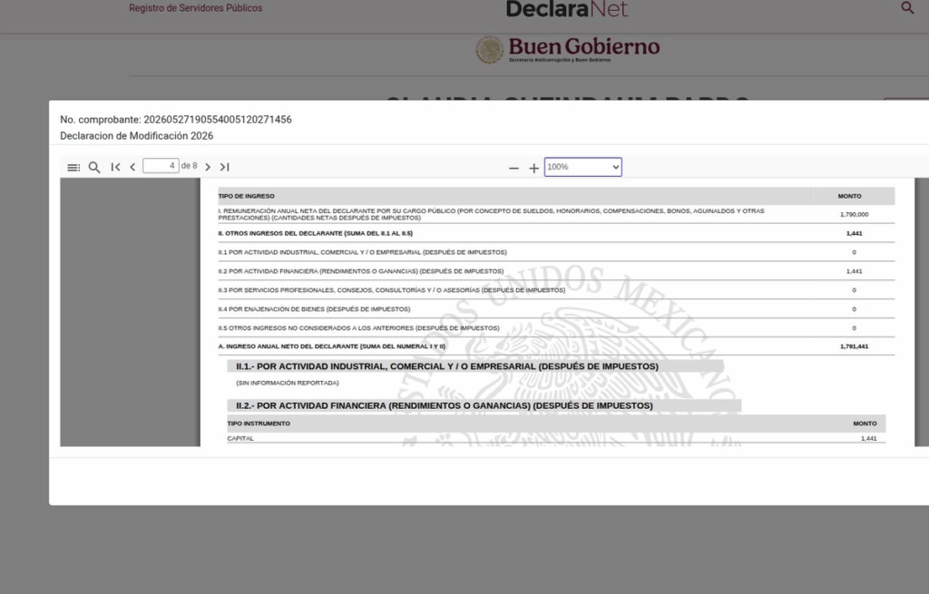 Captura de DeclaraNet con ingresos reportados por Claudia Sheinbaum en su declaración patrimonial 2026