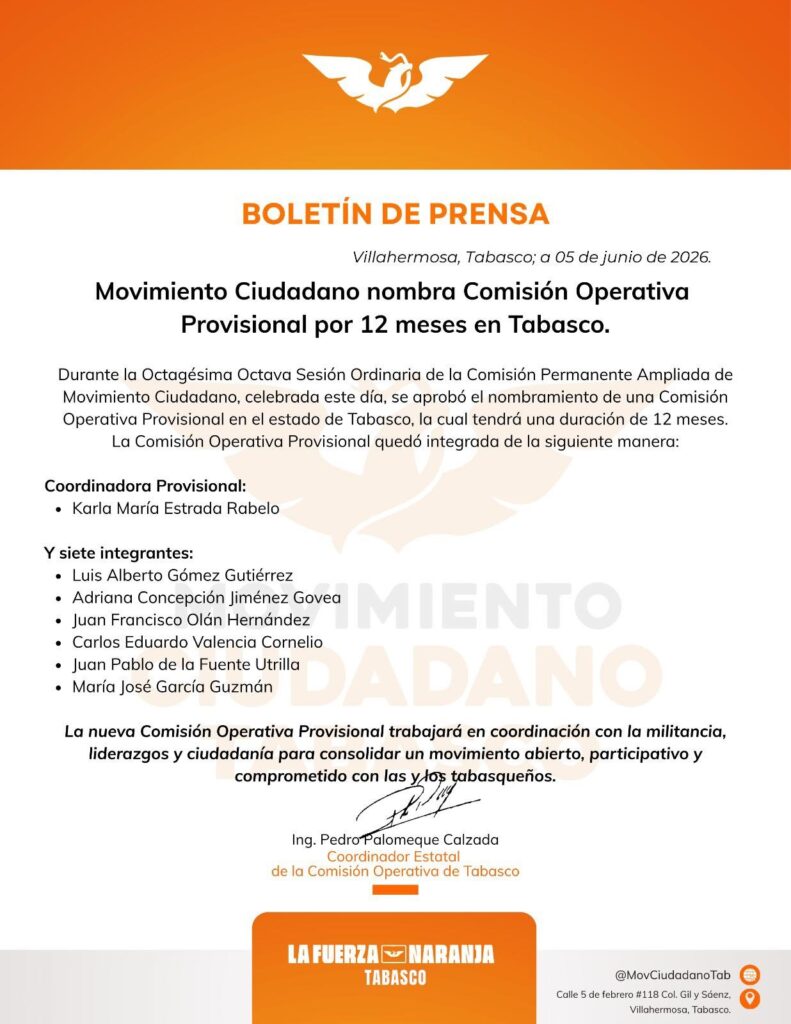 Boletín de prensa oficial de Movimiento Ciudadano Tabasco con la integración de la Comisión Operativa Provisional, fechado el 5 de junio de 2026.